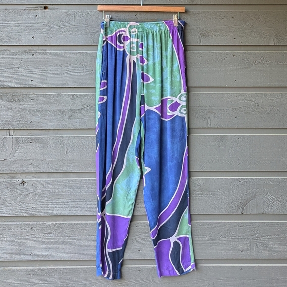 Indonesian Rain Resortwear Flowy Pants Size Small Blue Purple Green Black - Picture 1 of 6